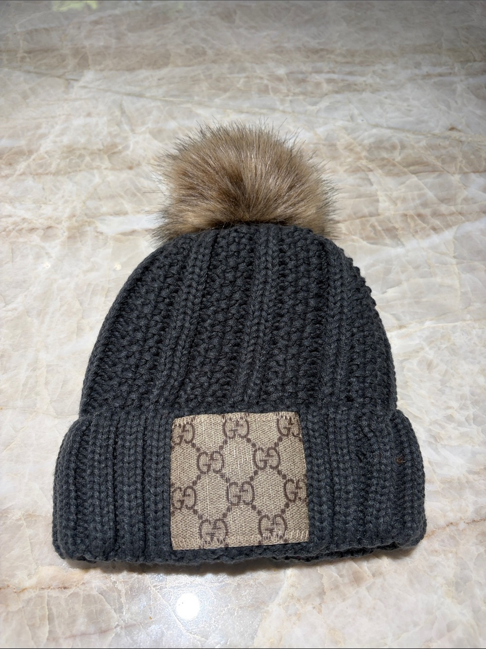 Dark Gray Knit Pom Beanie with Logo Patch